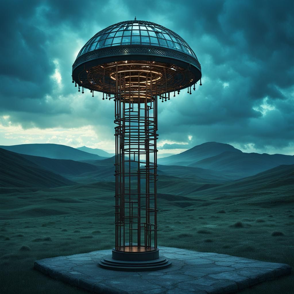 Retrofuturistic Post-Apocalyptic Scene with Volumetric Light...