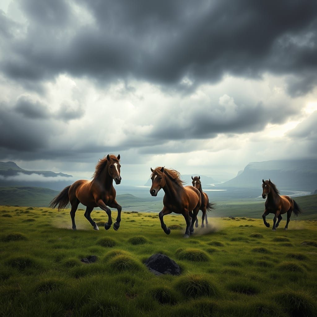 Epic Icelandic Horses Galloping in Stormy Landscape
