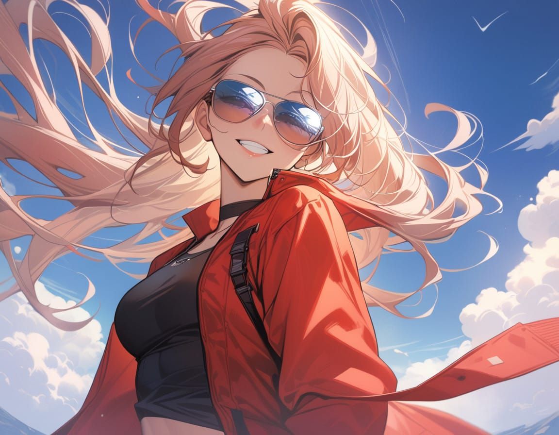 Surreal Aviatrix in Aesthetic Sky Landscape