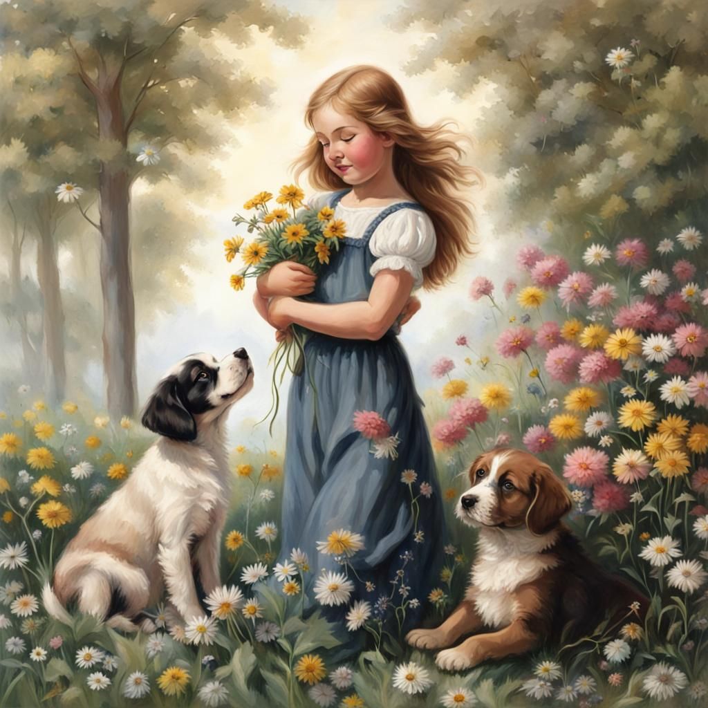 Girl and Puppy Play in Flower Field