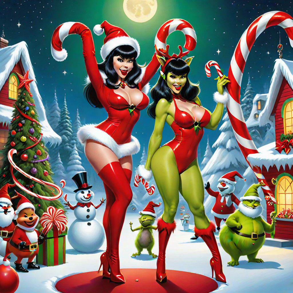 (Beautiful voluptuous Vampirella celebrating Christmas by pole-dancing around the North Pole giant candy cane with beaut...