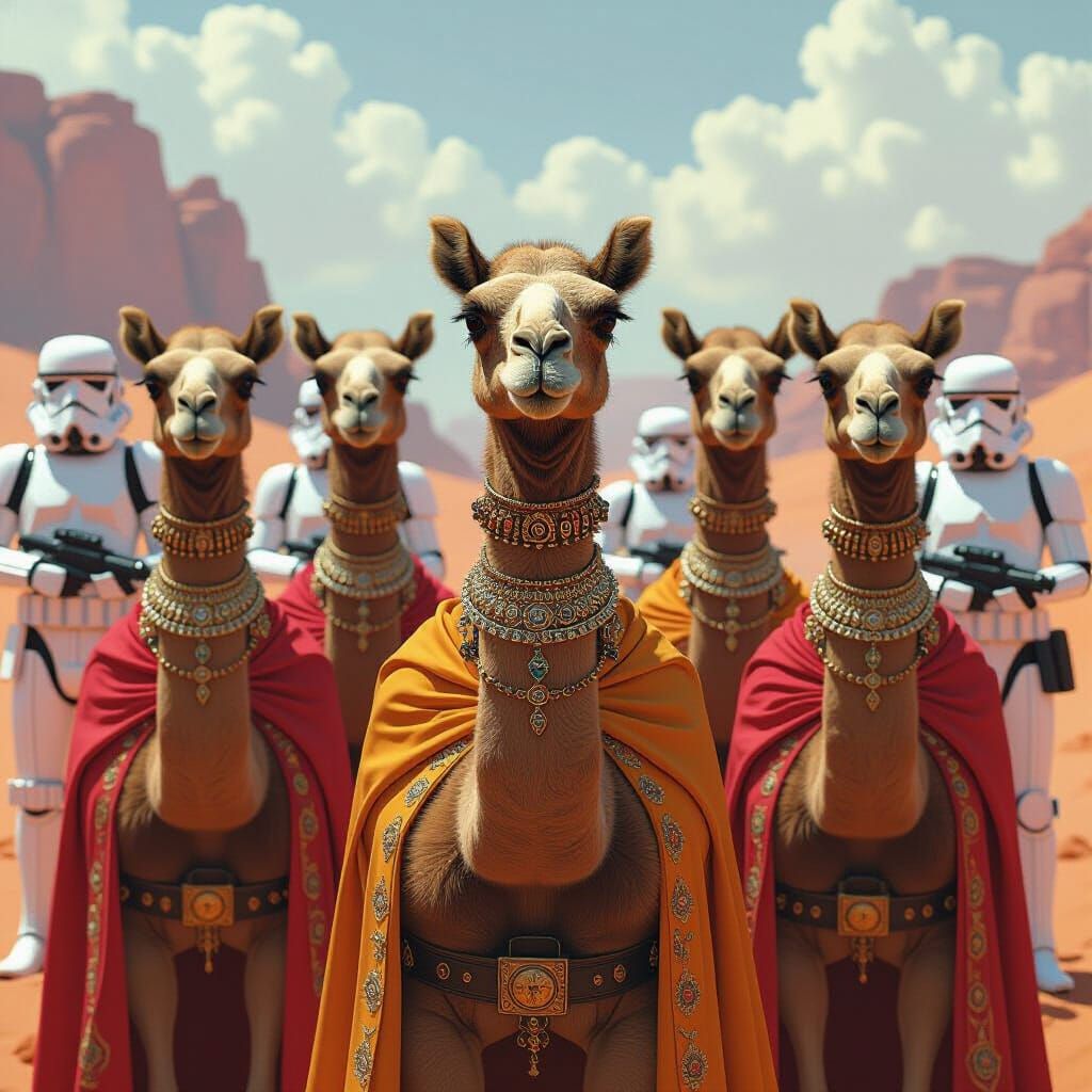 Hybrid Woman-Camels in Desert Landscape as Digital Painting