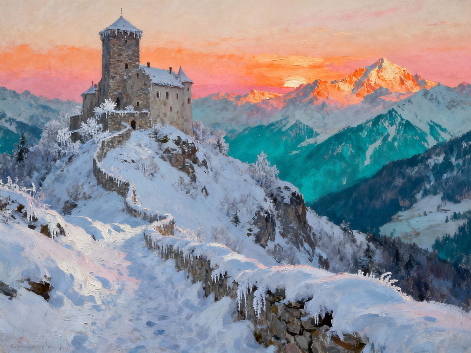 Austrian Castle Sunset in Painterly Realism Style
