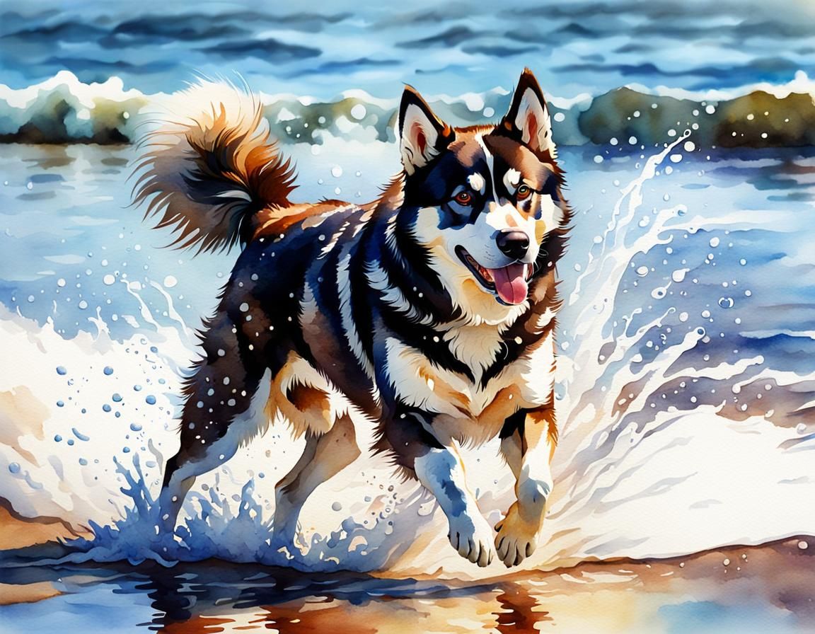 Watercolor Husky Dog Splashing on Beach