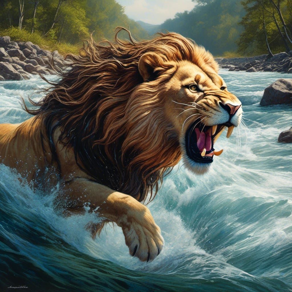 Roaring Lion Sculpture in River, Photorealistic Concept Art