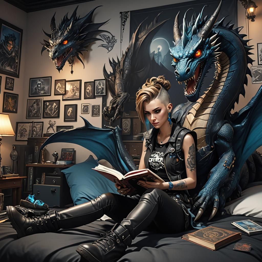 Gothic Girl Reading with Dragon: 3D Cinematic Art
