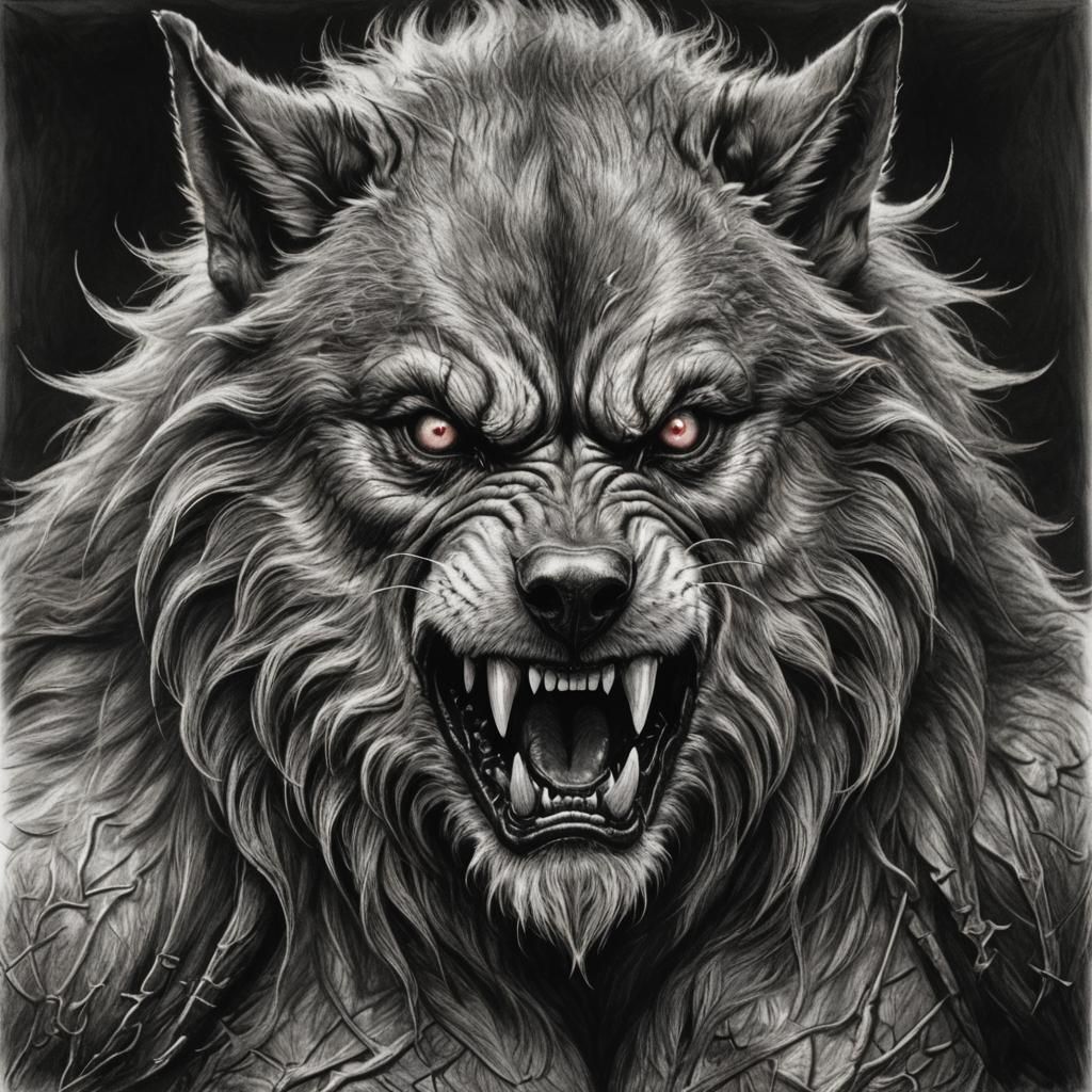 Hyperdetailed Werewolf Charcoal Drawing