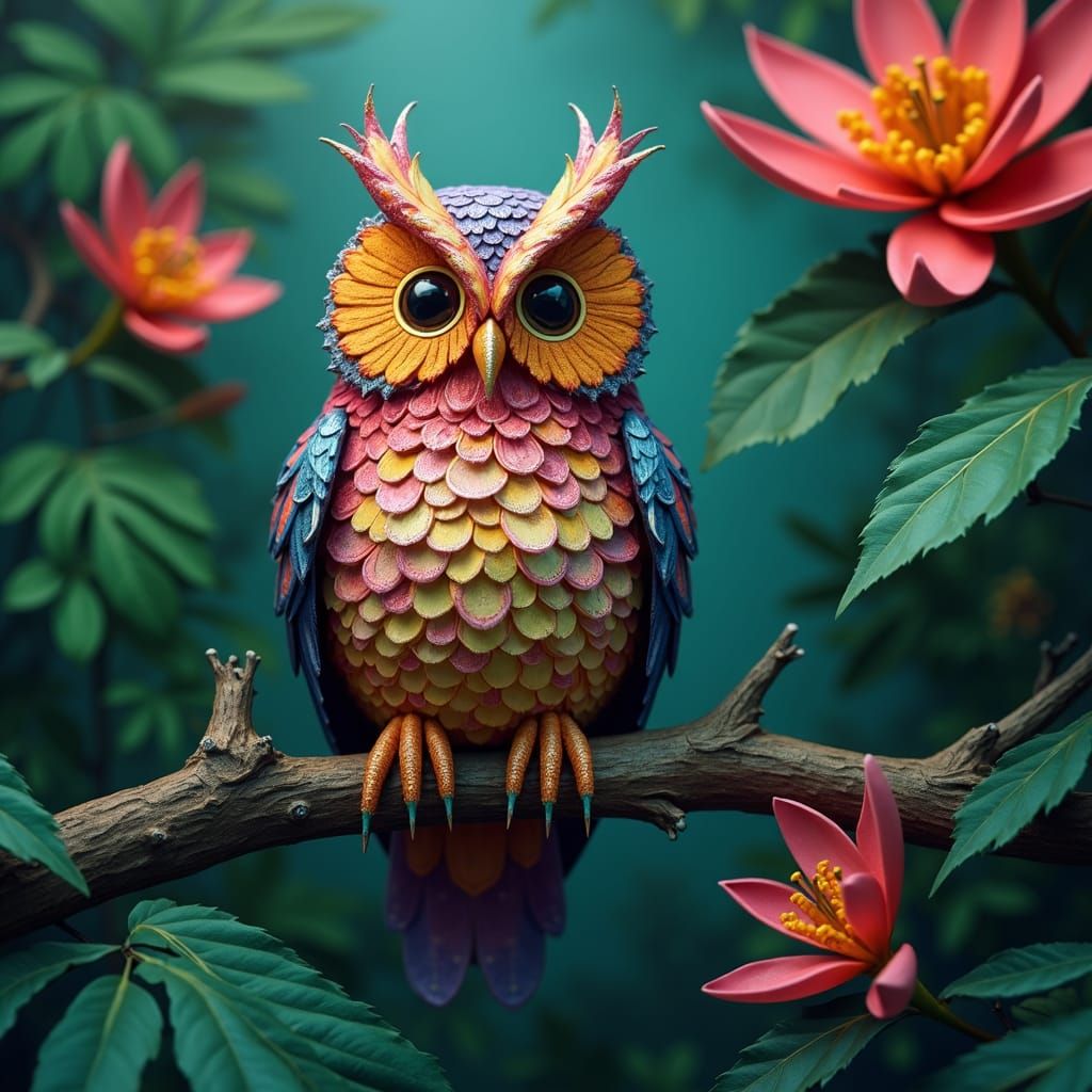 Metallic Paperclip Owl on Tropical Branch