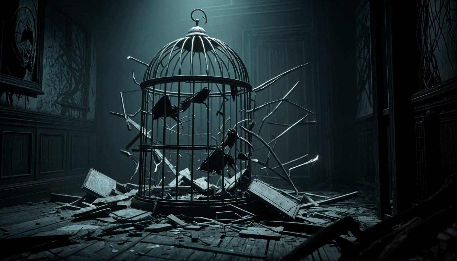 Destroyed Bird Cage in Dark Room, Eldritch Horror Style
