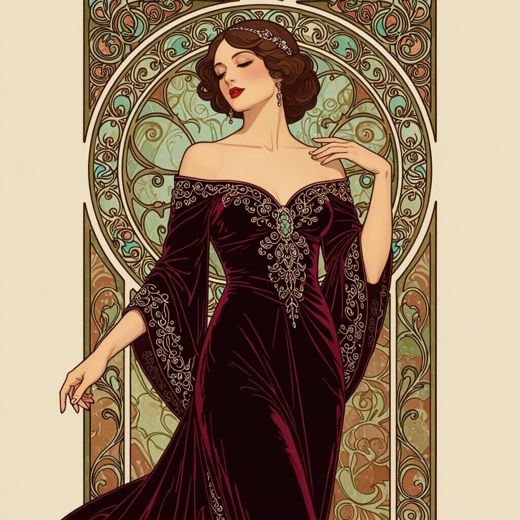 Elegant Woman in Embroidered Velvet Dress