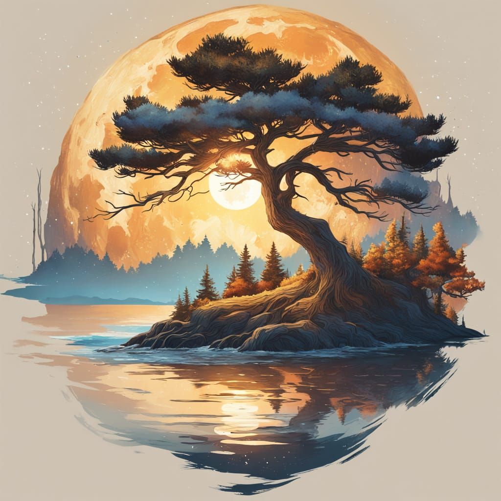 Majestic Pine Tree Against Harvest Moon