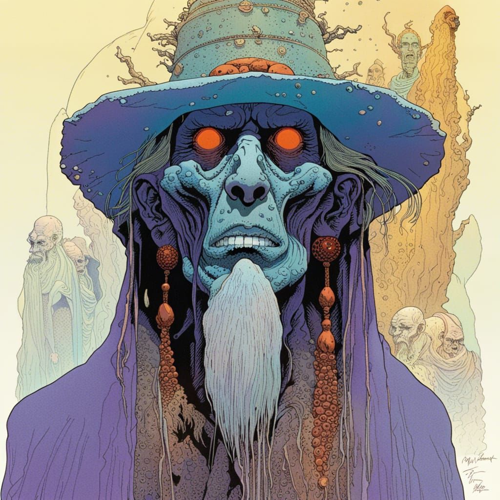 Ghostly Shaman Portrait in Ligne Claire Style