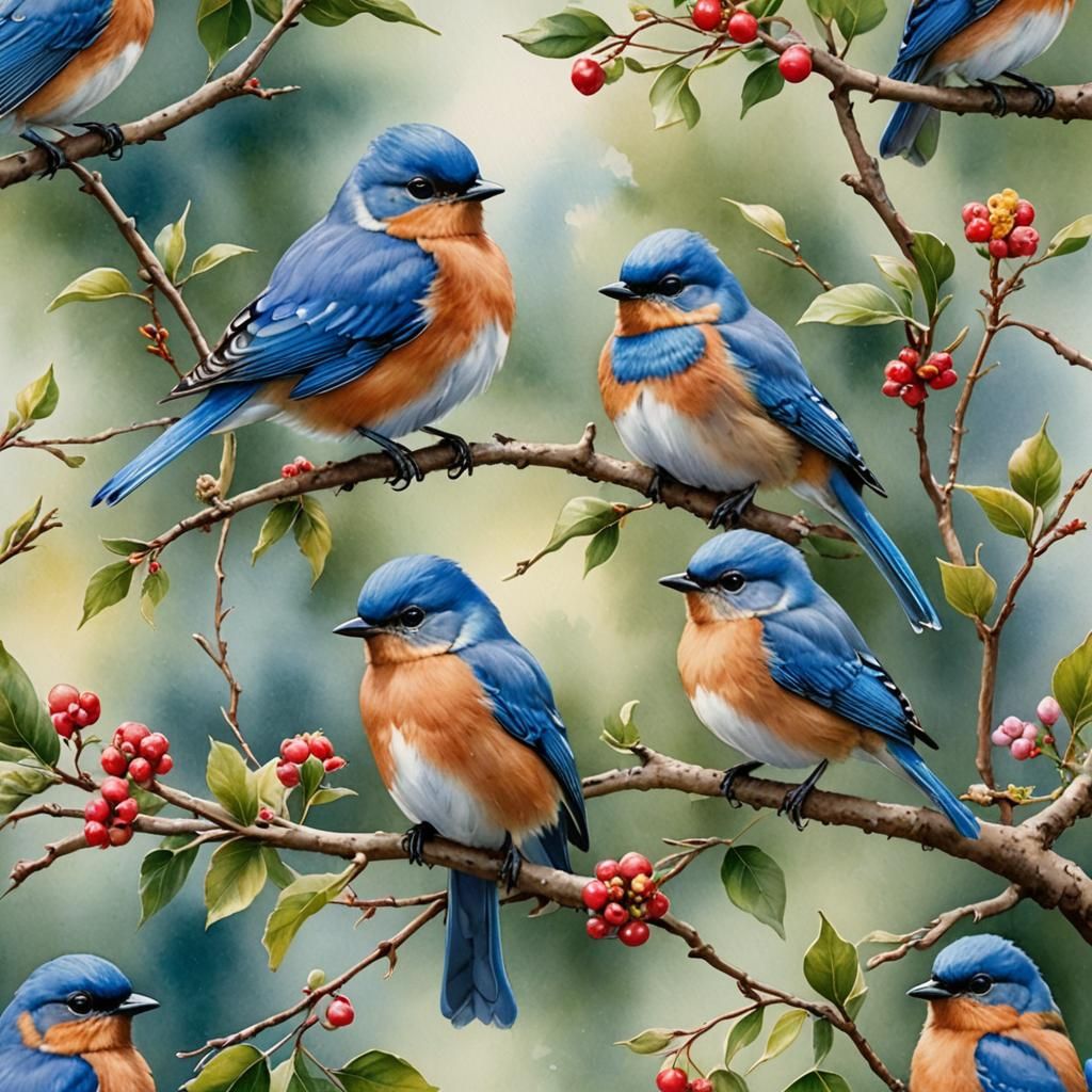 Colorful Bluebirds on Branch in Watercolor Style