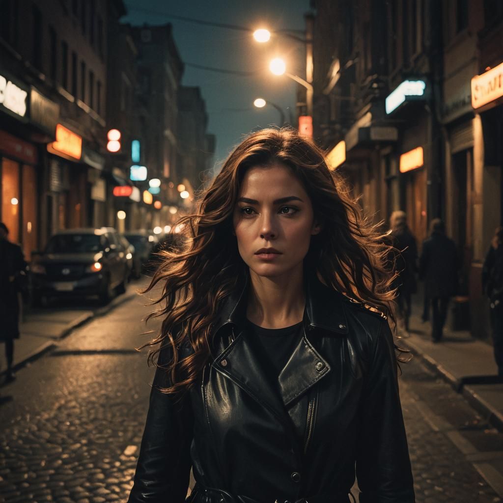 Woman Walking in a Dark City Street
