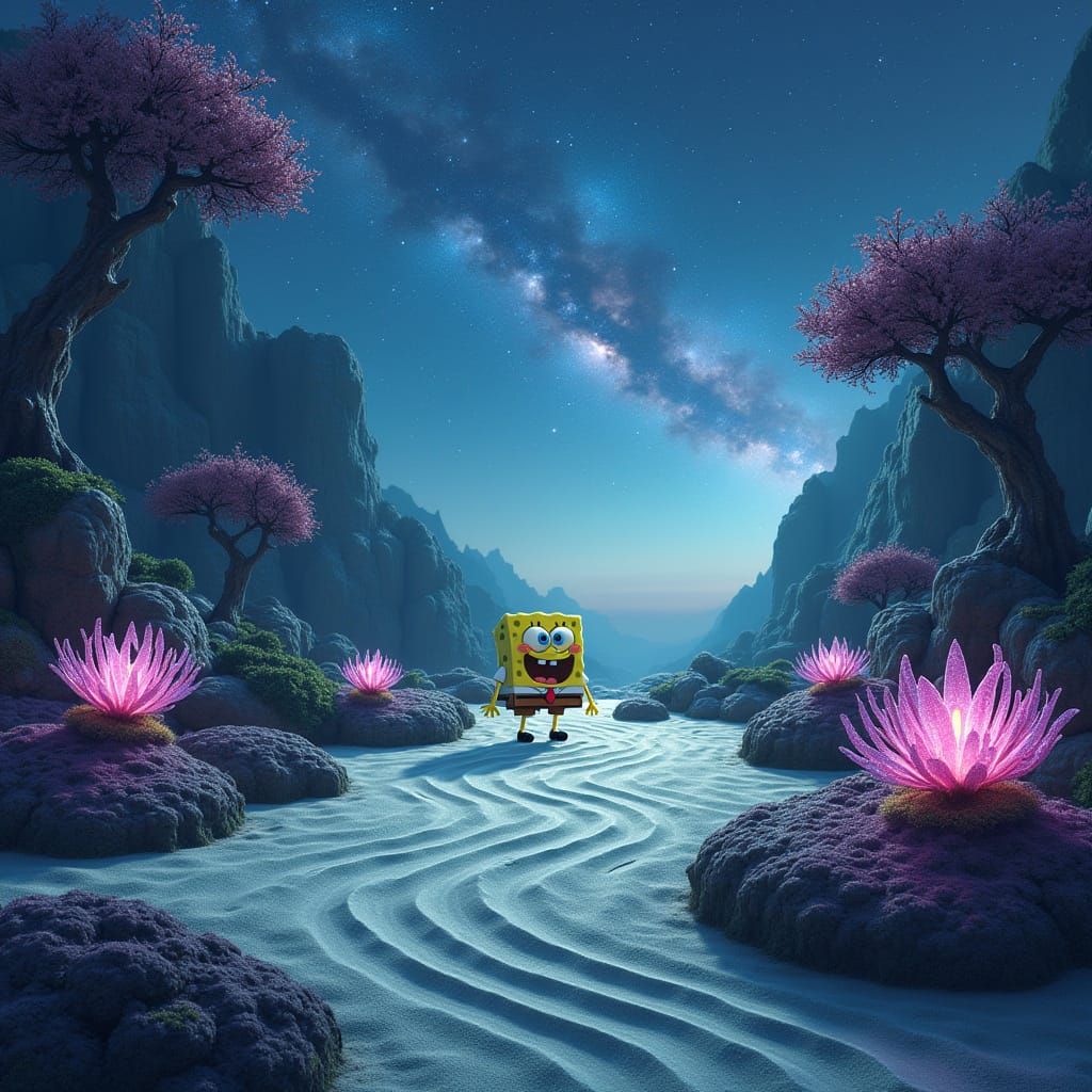 Spongebob in a Serene Alien Zen Garden