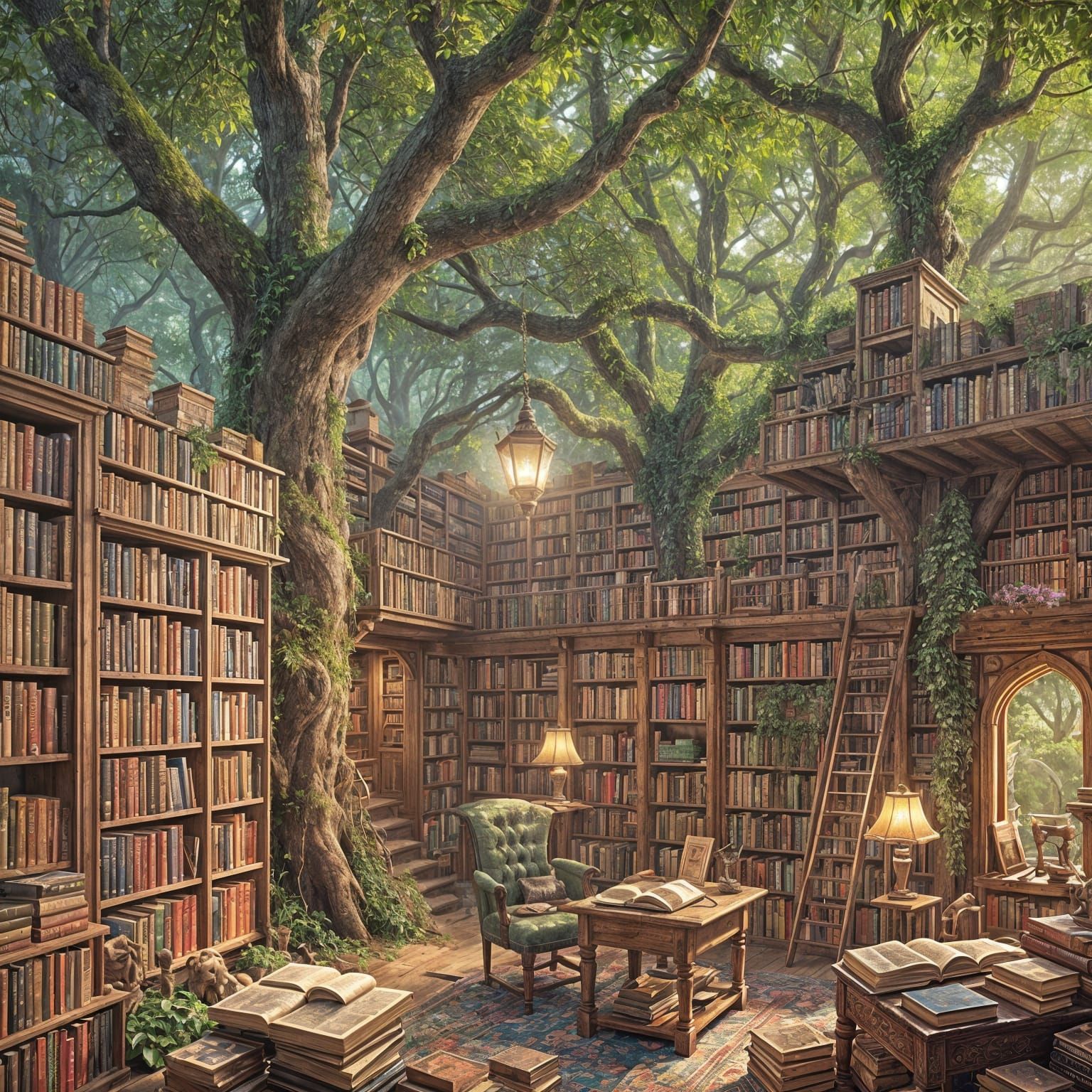 Ancient Woodland Library with Exotic Details
