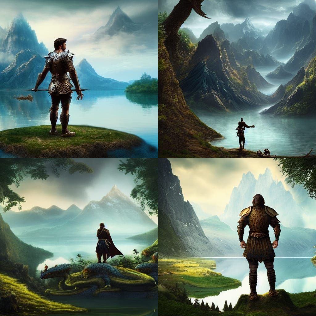 Hero and Dragons in Fantasy Landscape Art