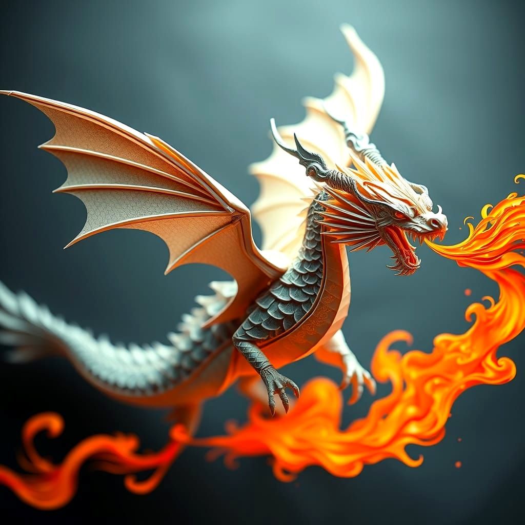 Origami Dragon in Flight Blowing Fire