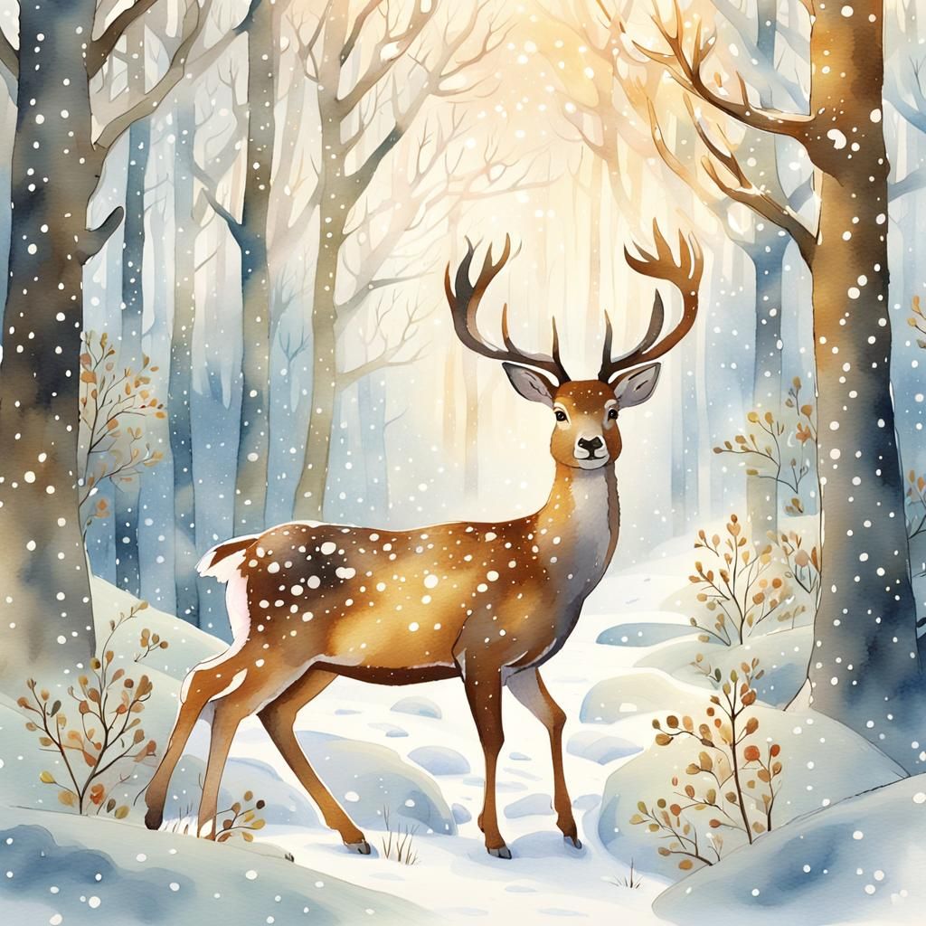 Whimsical Winter Forest Scene in Watercolor Style