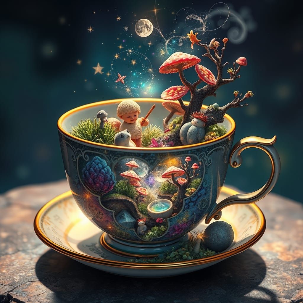 Tiny fairy tale scenes, complete with magical characters and whimsical environments, unfolding within a teacup. 8k resol...