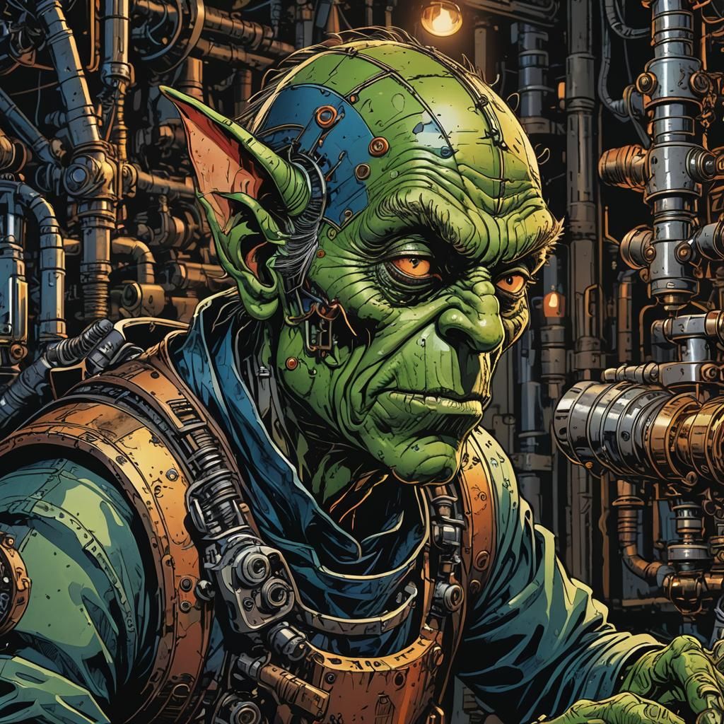 Goblin Mechanic Portrait in Comic Book Style