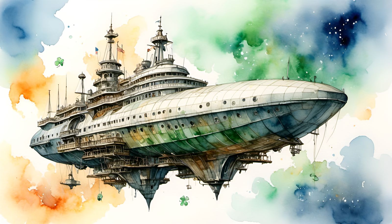 Watercolor Starship Approaches Planet in Celtic Style