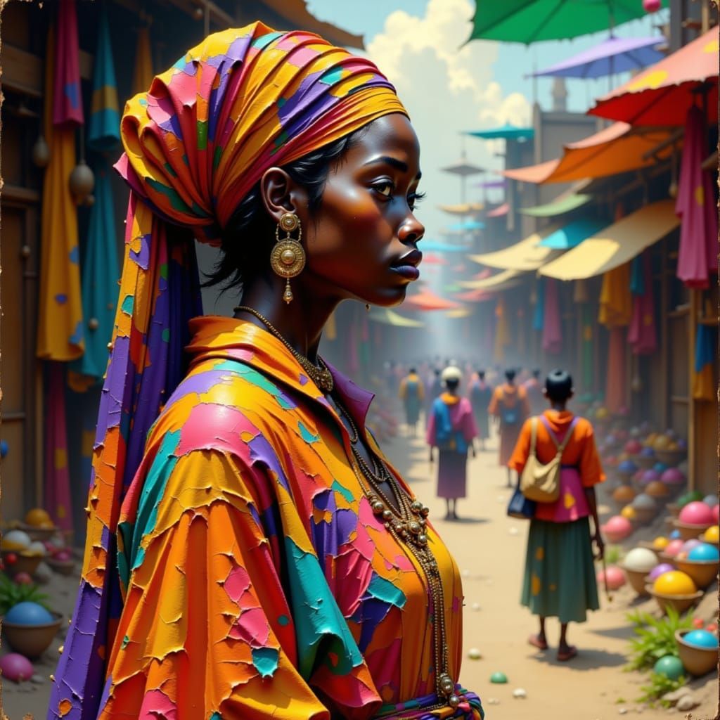 Elegant African Woman in Bustling Market, Digital Painting