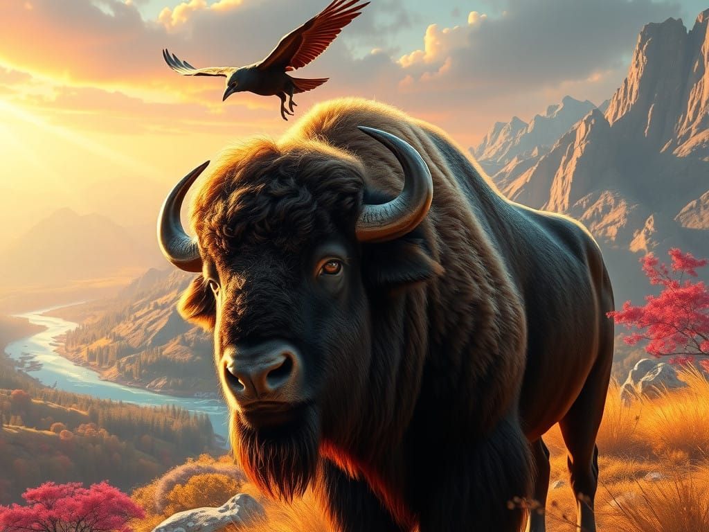 Majestic Bison in Vibrant, Futuristic Landscape