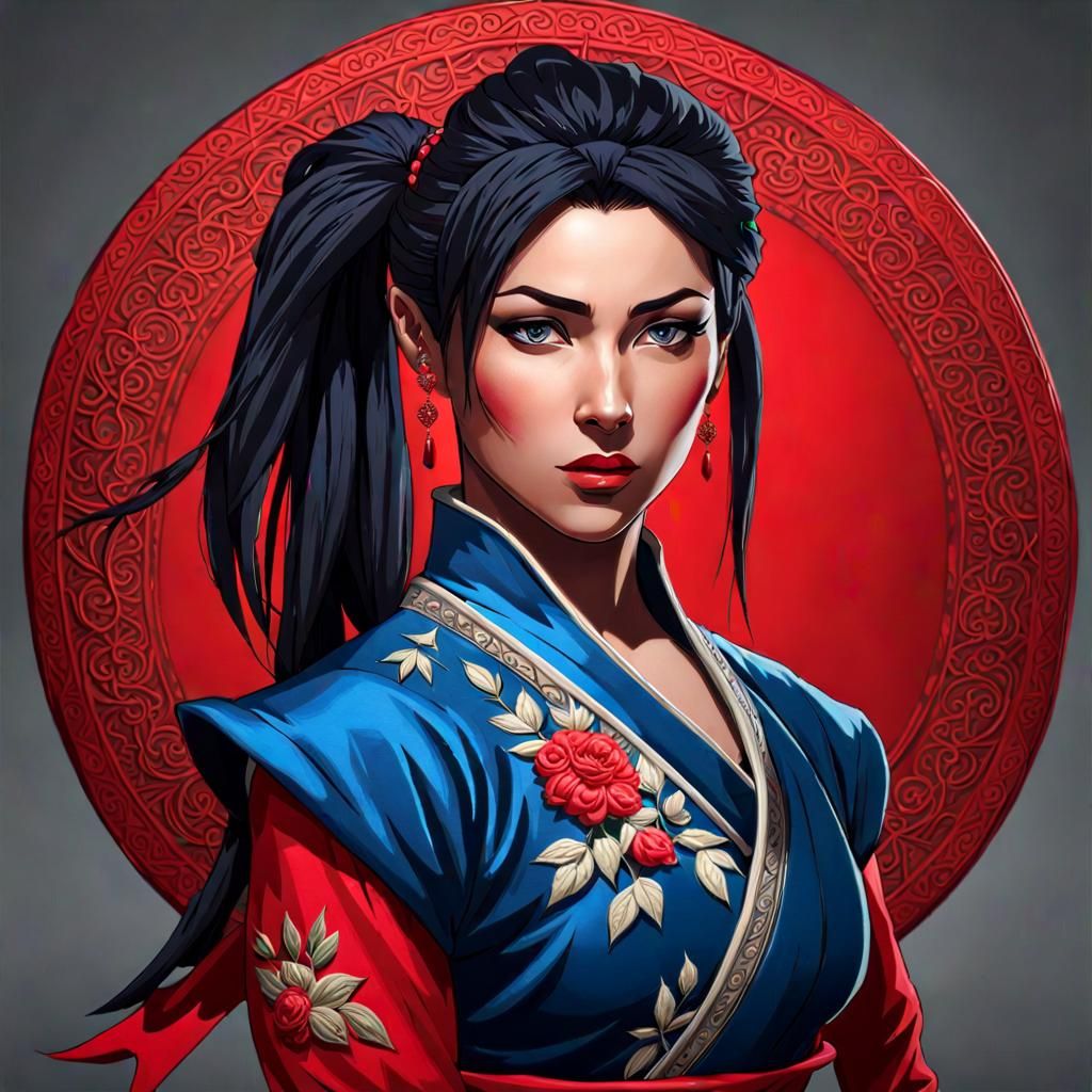 Kitana in a blue dress embroidered with red floral patterns