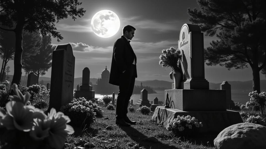 A graveyard at night under a full moon