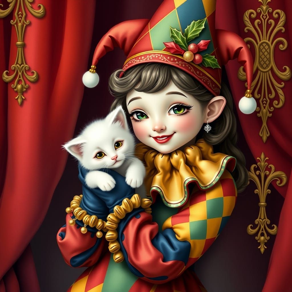 Whimsical Jester Girl Holding White Kitten in Vintage Style