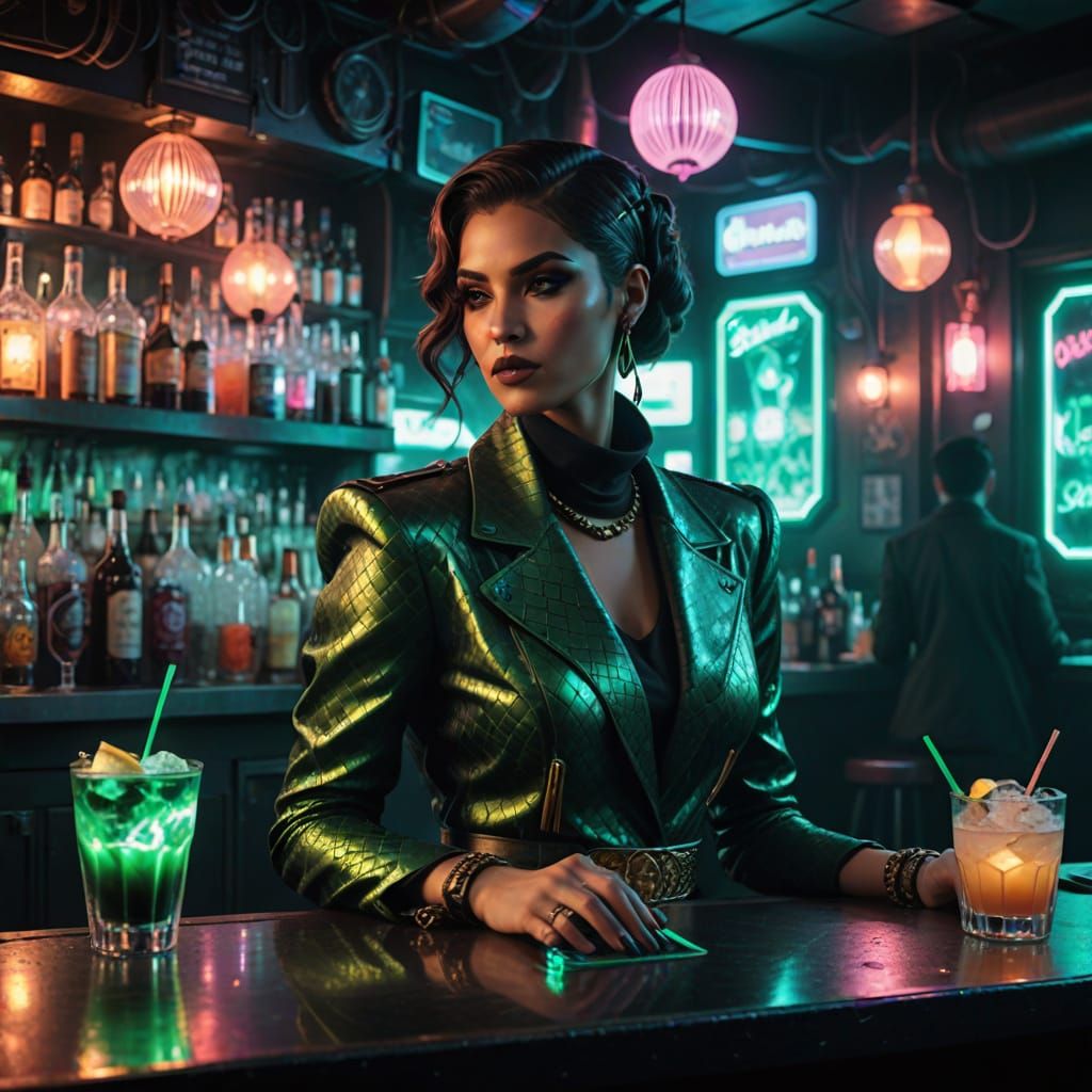 Emerald Goddess of the Cyberpunk Speakeasy