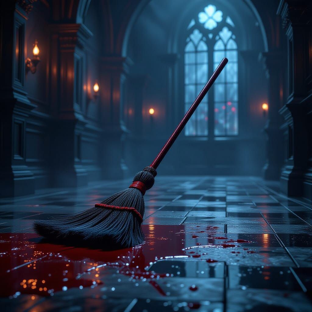 Magical Broom Cleans Blood in Dark Fantasy Art