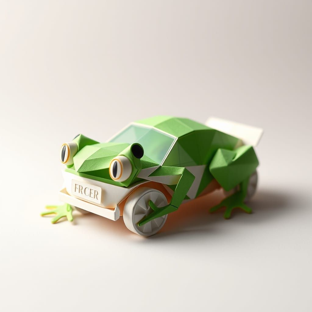 Origami Frog Car in Playful Digital Art Style
