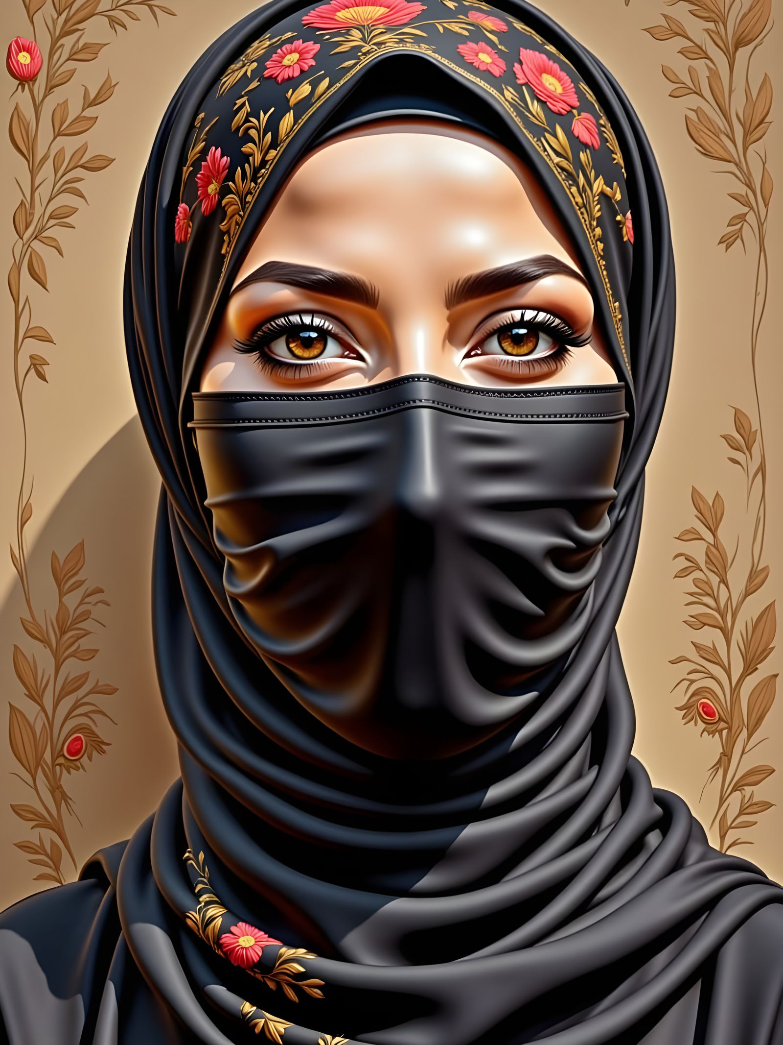 Masked Beauty in Earth Tones as Oil-Gouache Painting