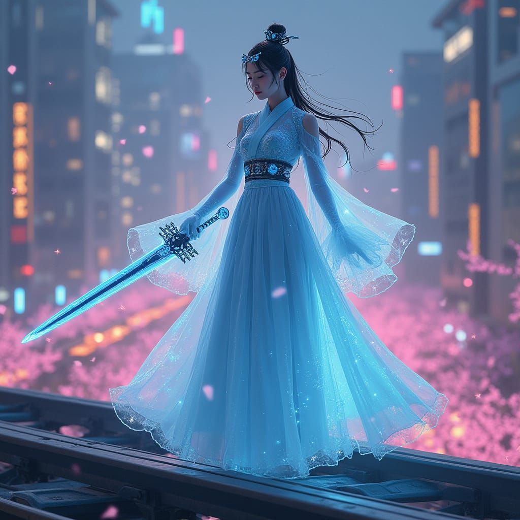 Cyberpunk Heroine Commands Seoul in Mythic Surrealism