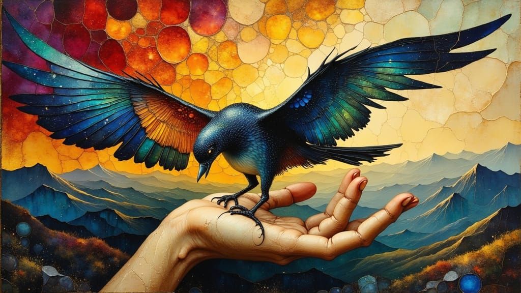 Surreal Oil Painting of Bird in Hand Symbolizing Fragile Dre...
