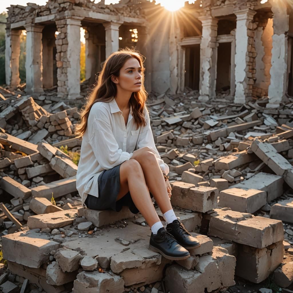 Hopeful Girl Sits on Ruins at Sunrise