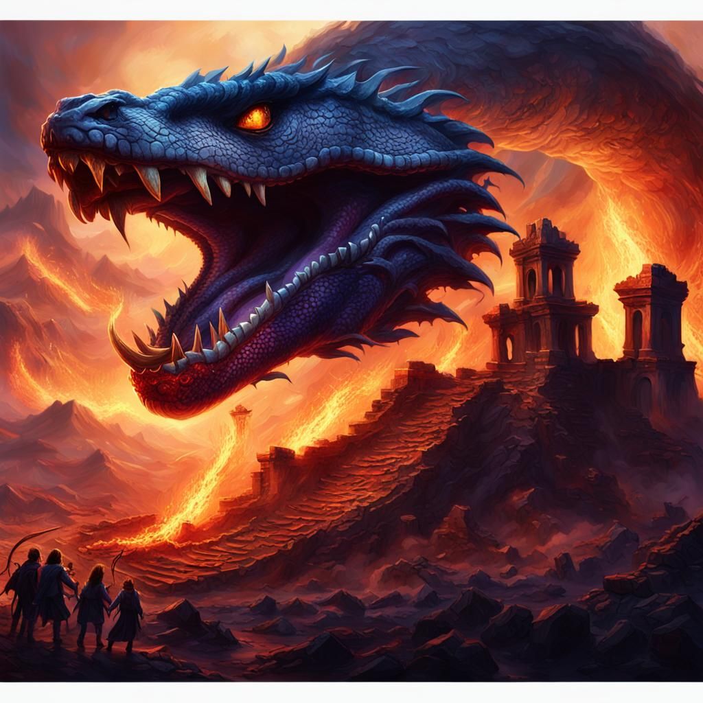 Furious Serpent in Burning Landscape: Fantasy Illustration