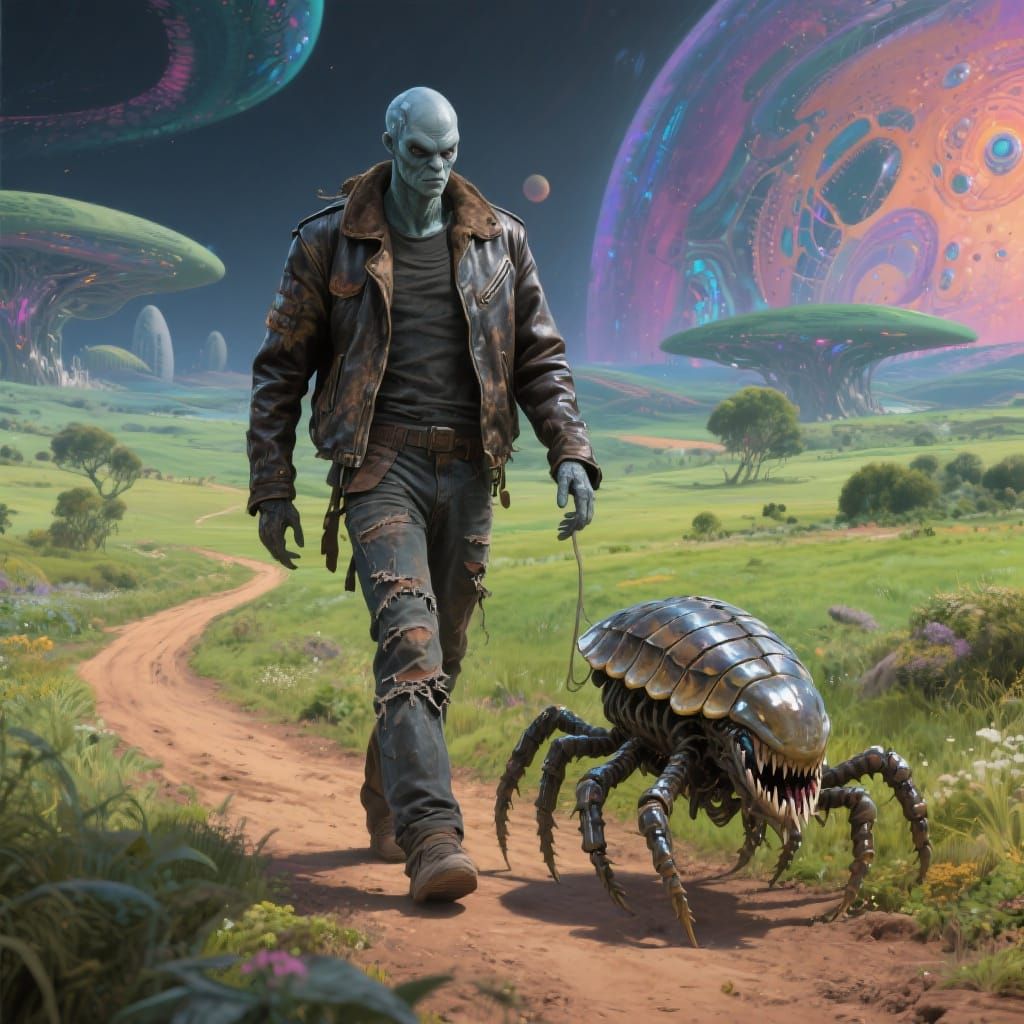 Alien and Pet Creature in Alien Landscape