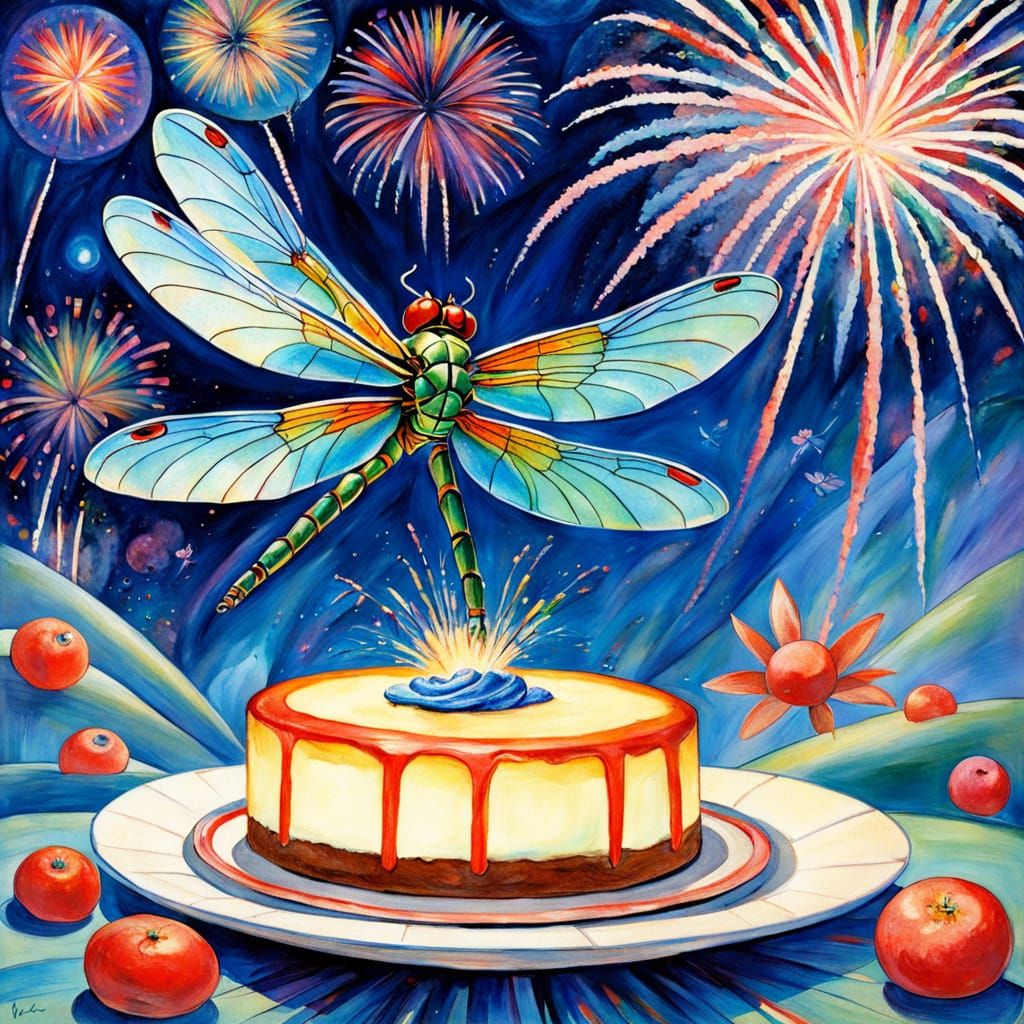 Dragonfly Lands on Cheesecake Spaceship Amidst Blue Firework...
