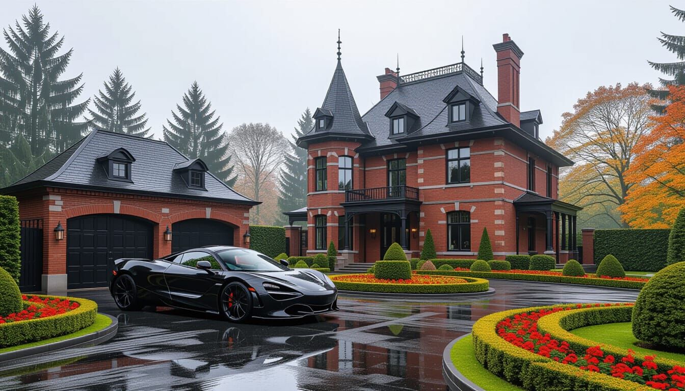 Victorian Chateau with McLaren in Misty Autumn Garden