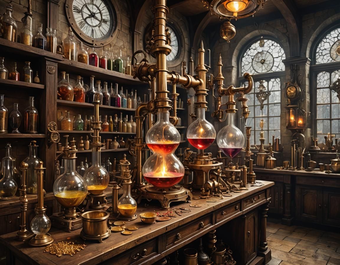 Elon Musk in an Alchemic, Steampunk Laboratory