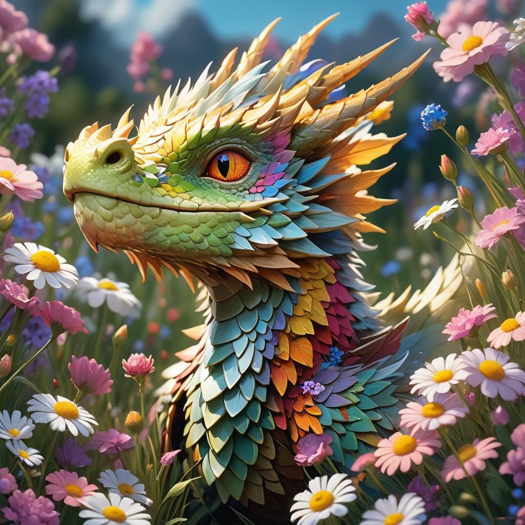 Cute Fluffy Dragon in Flower Field: Hyperdetailed Art