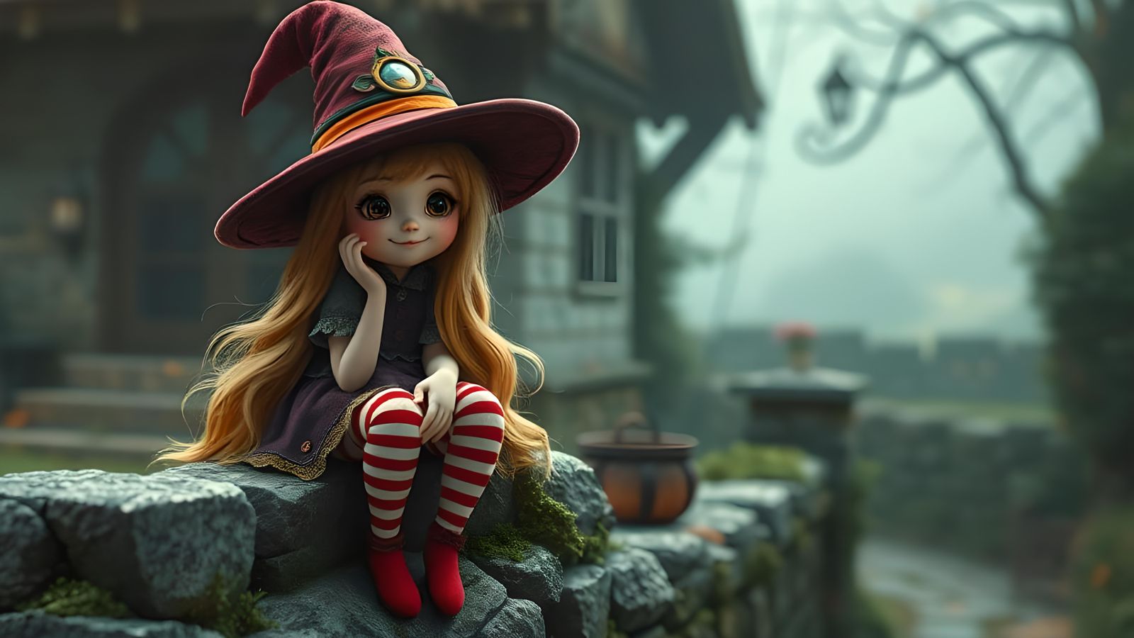 Whimsical Witch on Stone Wall in Digital Art