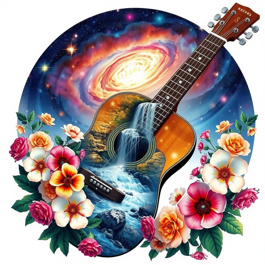 Guitar Waterfall Dreamscape in Art Nouveau Style