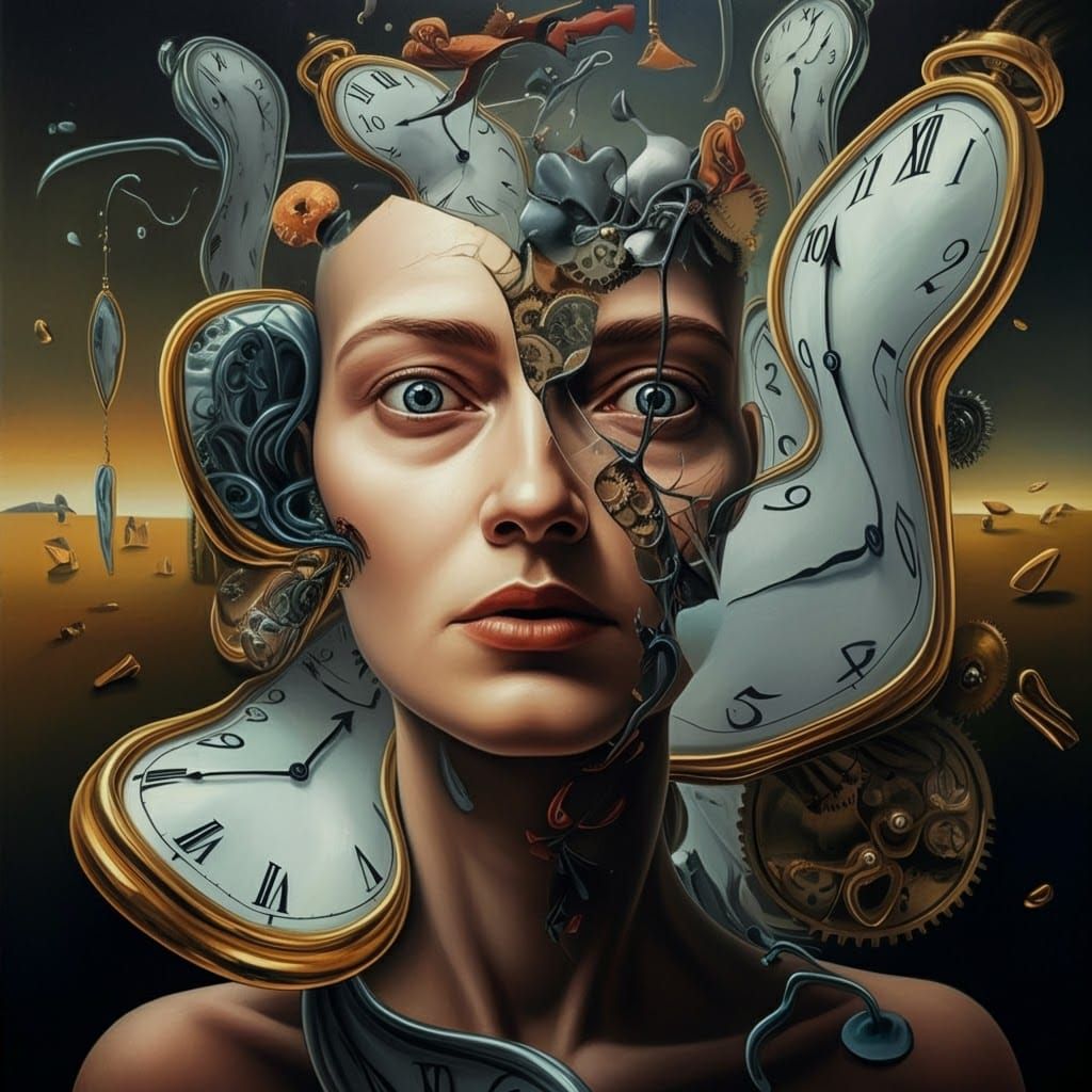 A surreal human portrait in dreamscape of melting clockwork