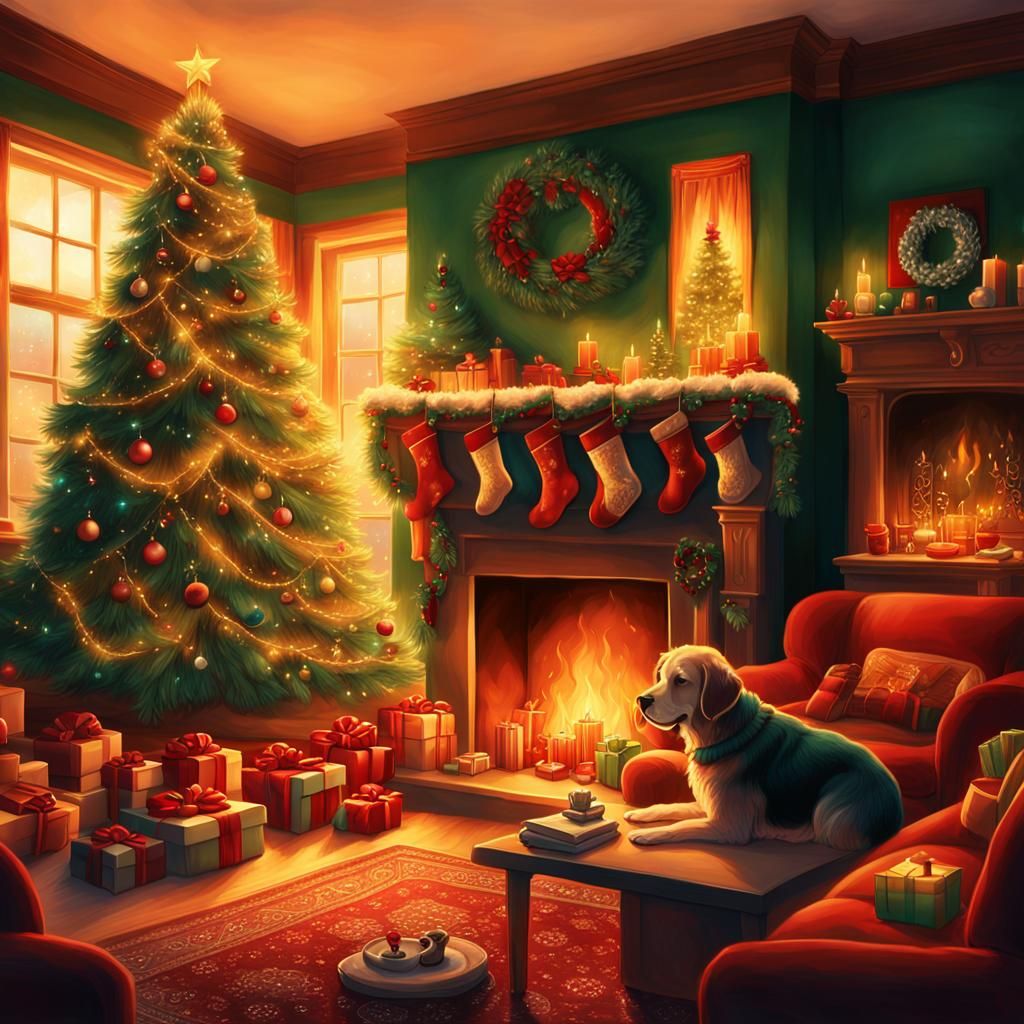 Cozy Christmas Living Room with Family and Pets