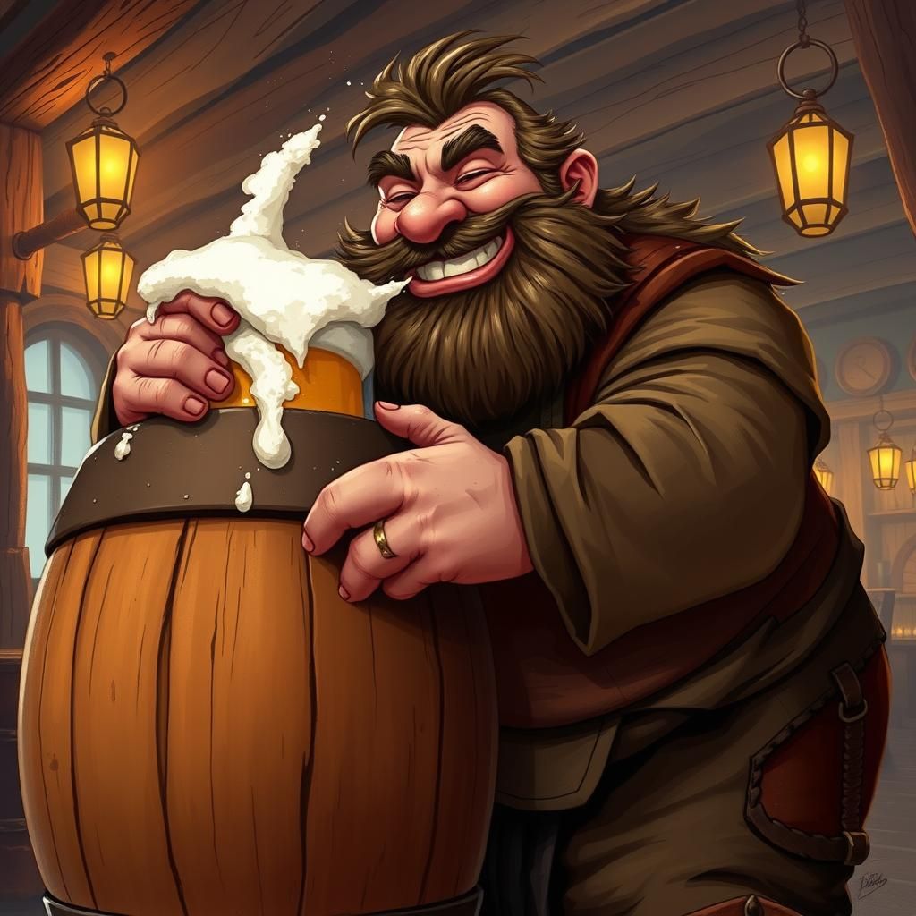 Jovial Man Chugging Beer in Fantasy Tavern Setting