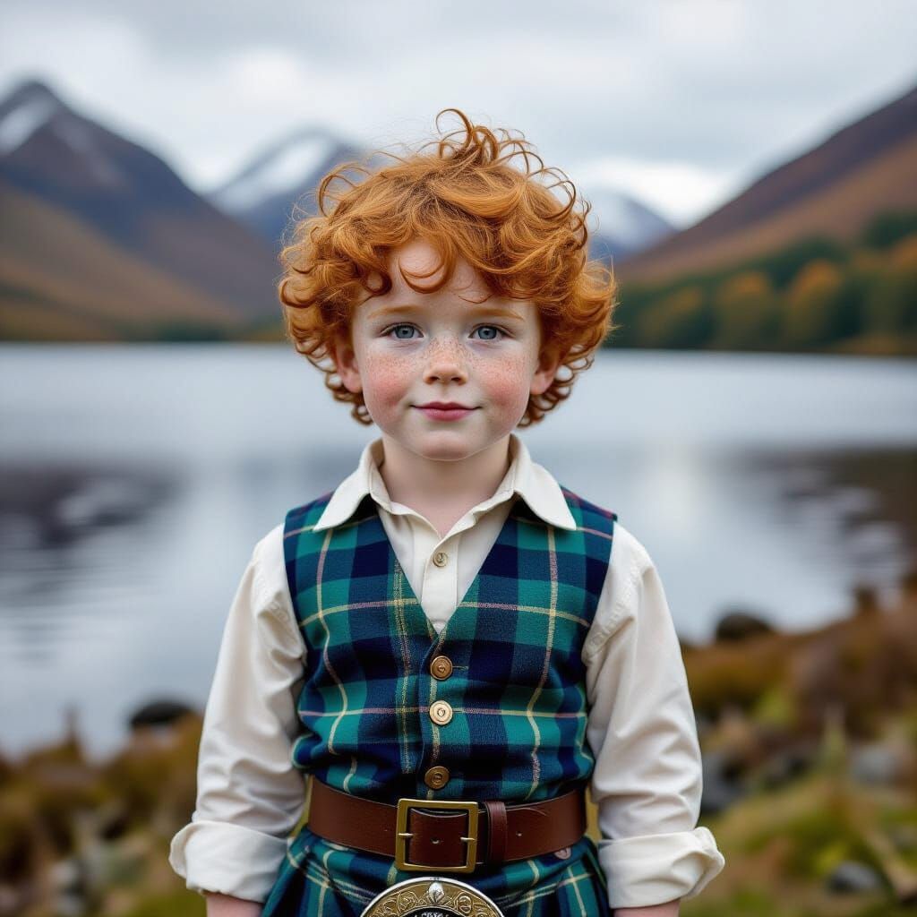 Adorable Scottish Boy in Highlands, Photorealistic Detail